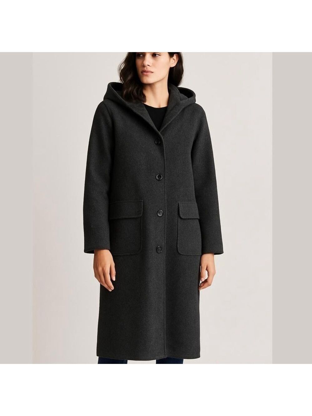 VTG EDDIE BAUER Charcoal Gray LONG Wool Coat Hood Button Up Front Lined Petite L